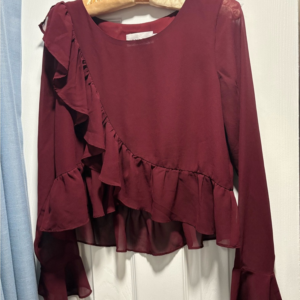 Line & Dot Deep Burgundy Ruffle Blouse - Picture 2 of 3